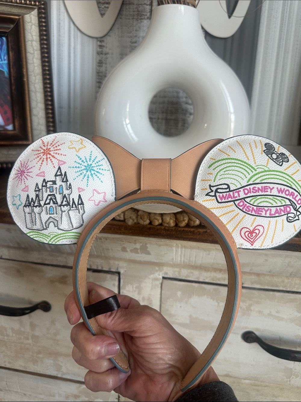Disney Dooney & Bourke Sketch  Tan Leather Bow Mickey & Minnie Ear Headband - Picture 4 of 7